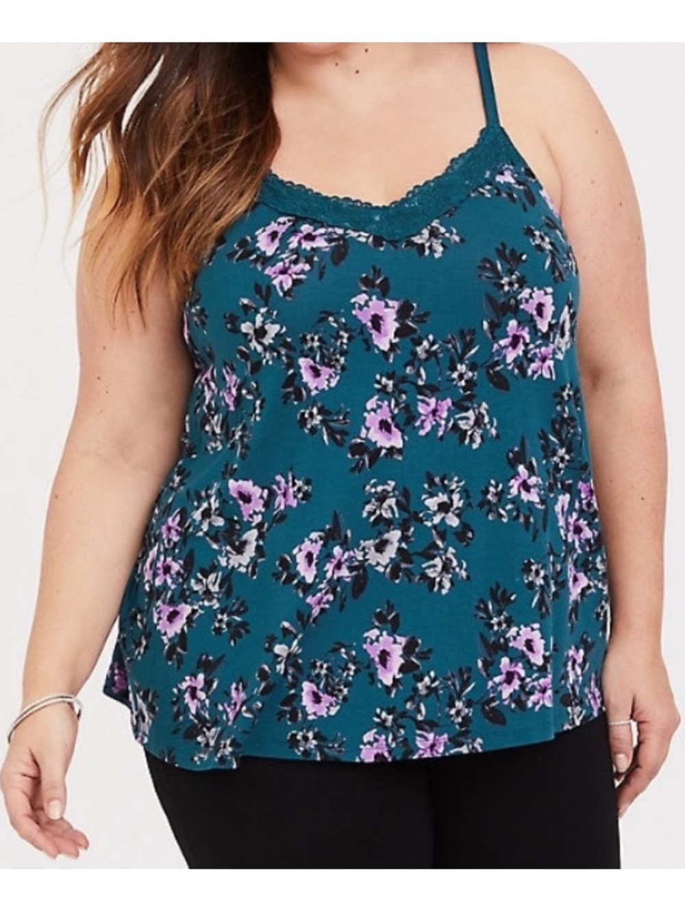 Torrid 0X Super Soft Teal Floral Lace Trim Cami Top